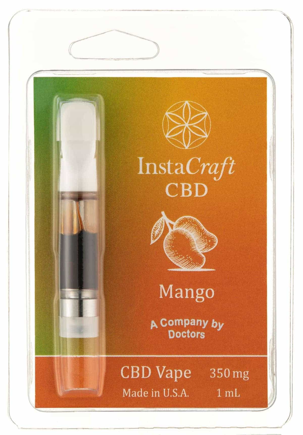 Front of Mango Vape package. Premium hemp extract. Experience the difference with a Mango Vape by InstaCraft CBD. Full Spectrum benefits. 350 mg CBD.